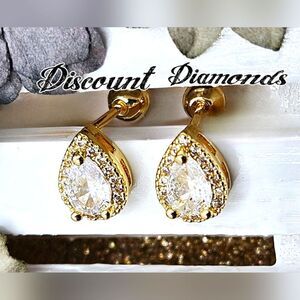 Dainty White Diamond Teardrop 18K Yellow Gold Earrings on 925 Silver